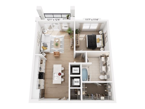 Floor plan for 1 bed, 1 bath, 665 sqft